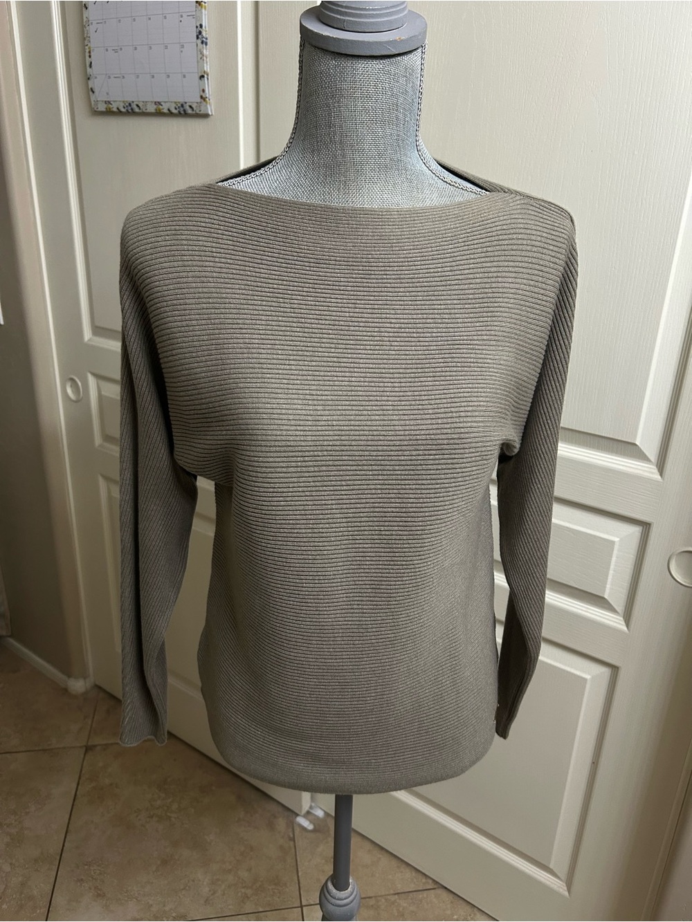 T Tahari Ribbed Off-the-Shoulder Boatneck Sweater in Taupe